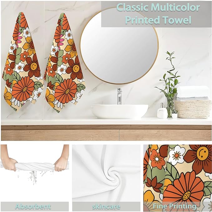 2 Pack Hand Bath Towel,70s Vintage Hippies Flowers Fingertip Towel Bathtub Decorative Bath Towel Bathroom Kitchen Towel Set Highly Absorbent SPA Gym Towels 14x28 Inch