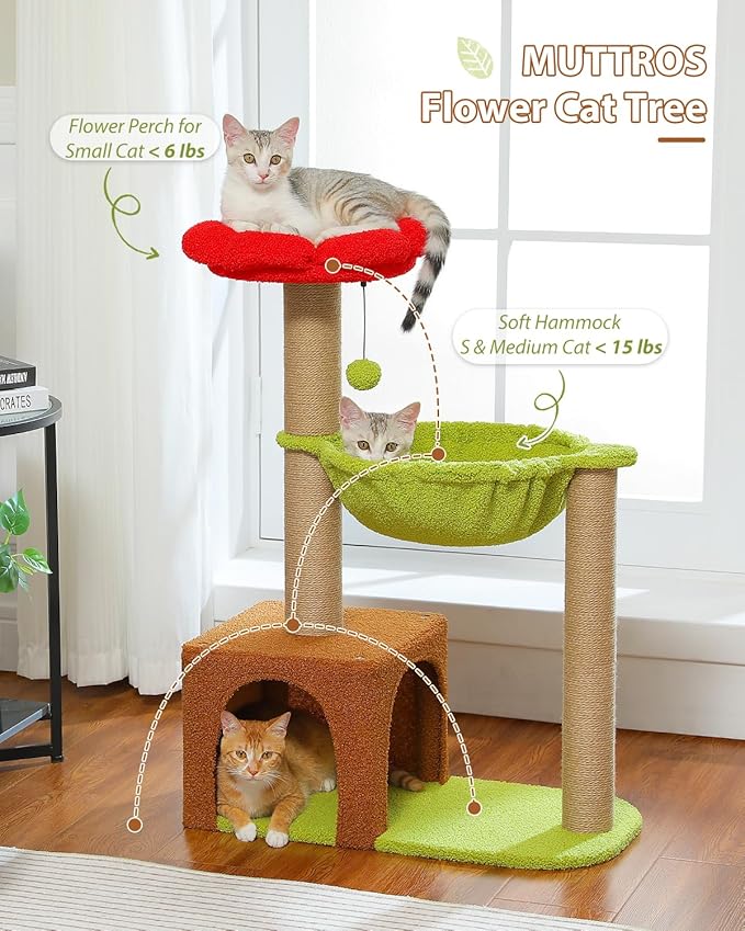 Flower Cat Tree with Sisal Scratching Posts, 35" Cute Cat Tower with Large Green Hammock for Small Indoor Cats, Cat Condo with Removable Flower Bed for Kittens, Brown