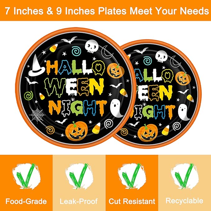 96 Pcs Halloween Paper Plates and Napkins Forks, Disposable Party Dessert Tableware Supplies Decorations Birthday Table Dinnerware Favors Set, Serves 24