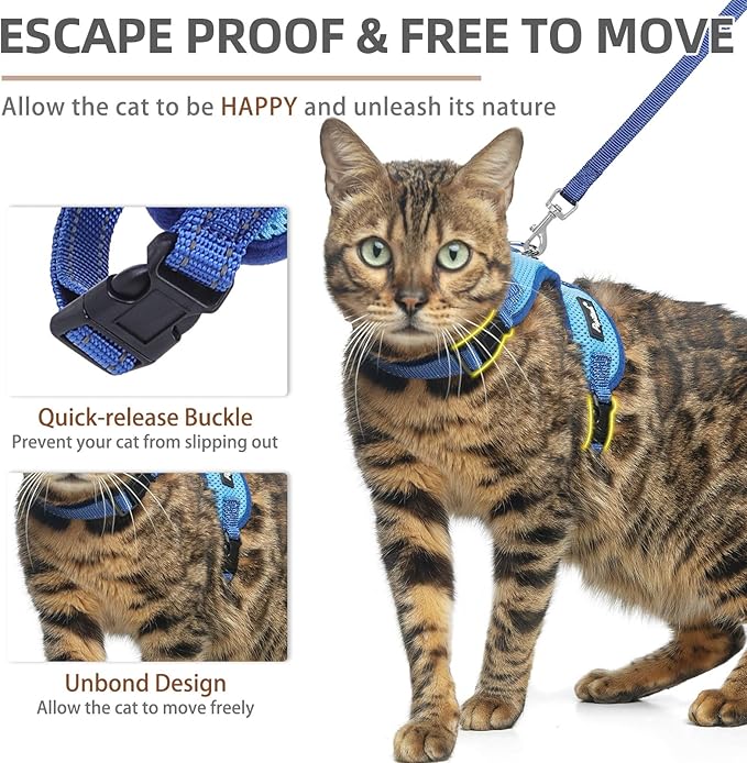 PUPTECK Cat Harness and Leash Set Escape Proof, Reflective Adjustable Soft Mesh Kitten Vest Harness for Walking Travel, Blue, M