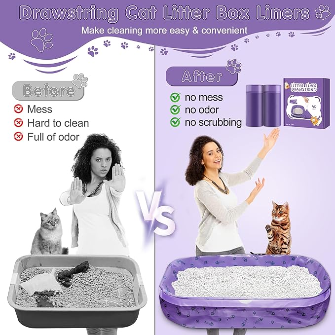 40 Count Cat Litter Box Liners Bags Large, Extra Durable Kitty Litter Box Waste Bags, Jumbo Drawstring Extra Thick Pet Cat Pan Liners - 36" x 18"