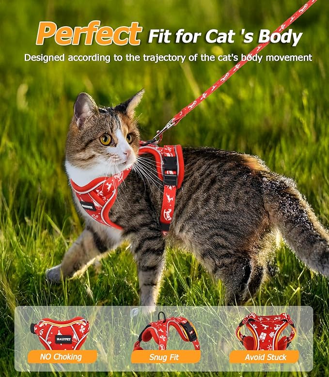Halypet Cat Harness and Leash Set [MAX Safety 4th-Gen Upgrade] Escape Proof Adjustable Cat Leash Comfortable Soft Vest Easy to Wear Kitten Harness with Reflective Strip for Cats Walking, M Ruby Red