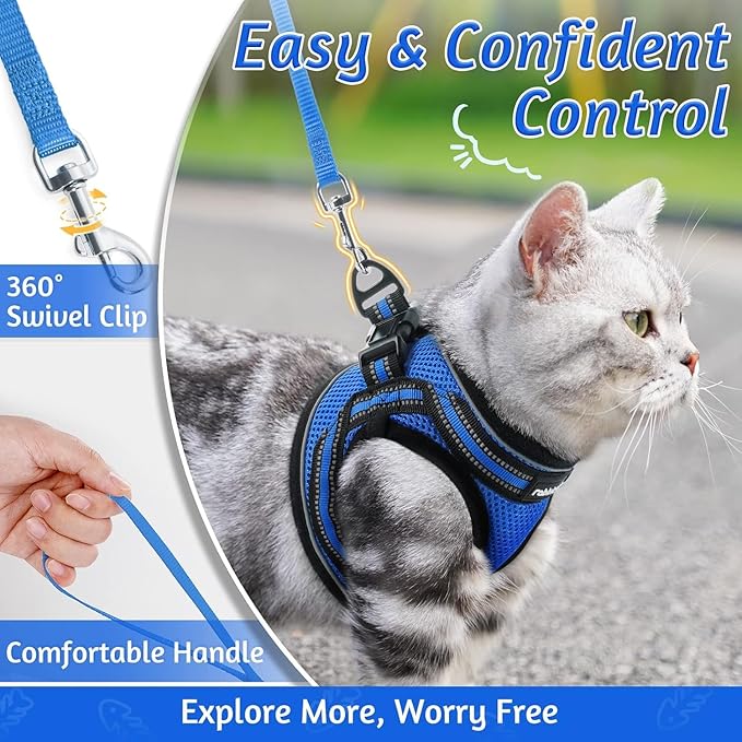 rabbitgoo Cat Harness and Leash Set for Walking Escape Proof, Adjustable Soft Kittens Vest with Reflective Strip for Cats, Comfortable Outdoor Vest, Blue, XL