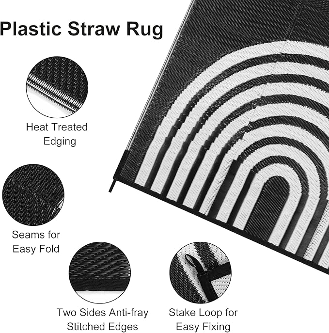Anidaroel Outdoor Area Rug for Patio Clearance 5x8ft Waterproof, Reversible Plastic Straw Rug Outside Rug, UV Resistant RV Mat for Camping, Porch, Balcony, Pool Deck(Black&White, 5‘x8')