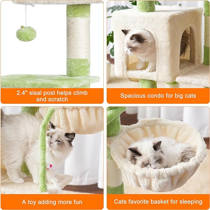 Heybly Cat Tree with Toy, Cat Tower condo for Indoor Cats, Cat House with Padded Plush Perch, Cozy Hammock and Sisal Scratching Posts, Green and Beige HCT004SGM