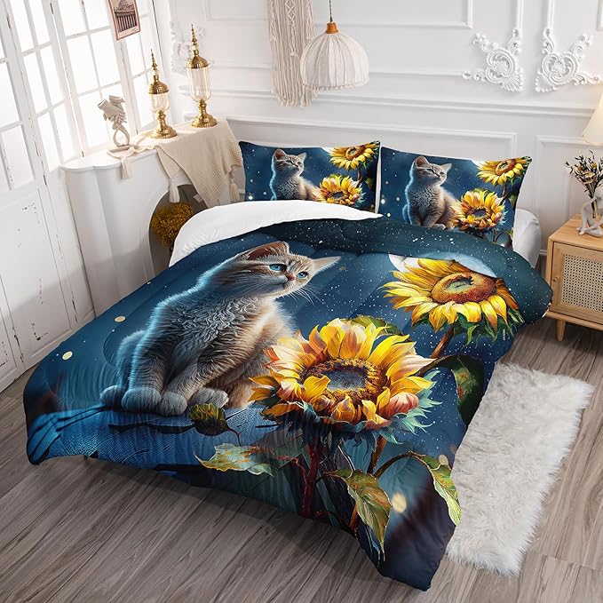 AILONEN Cute Cat Comforter Set Queen Size, Sunflowers Cat Bedding Set,3D Starry Moon Cat Comforter Set for Boys Girls,Kawaii Cat Duvet Set 3 Pieces, 1 Quilt and 2 Pillowcases