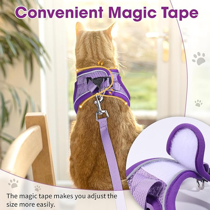 Cat Vest Harness and Leash Set for Walking Escape Proof, Adjustable Kitten Harness Breathable Mesh with Reflective Strips Harness for Kitty Puppy Bunny (Purple, S)