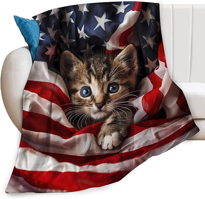 American Flag Cat Print Blanket Cute Kawaii Kitten Kitty Animal Throw Blankets Gifts for Couch Sofa Bed Stuff Decor Soft Cozy Fleece Plush Warm Flannel Bedding for Lover Men Women Kids 50"x60"