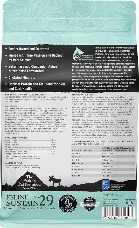 Annamaet Grain-Free Feline Sustain No. 29 Formula Dry Cat Food, (Line-Caught Cod & Free-Range Turkey), 4-lb Bag, Brown