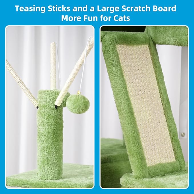 Hey-brother Cat Tree, 53 inch Cat Tower for Indoor Cats, Cat House with Padded Platform Bed, Toy Balls, Large Cozy Condo, Hammocks and Sisal Scratching Posts, Green MPJ019-SGR