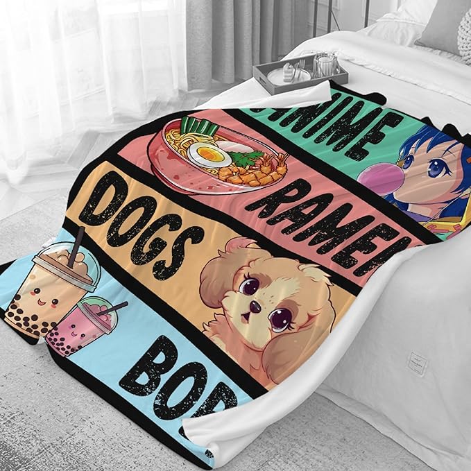 Anime Blanket for Girls - Kawaii Decor for Women, Ramen Dogs Boba Flannel Blanket - Luxurious Warm and Cozy, S 40X50 Inch for Kids/Child