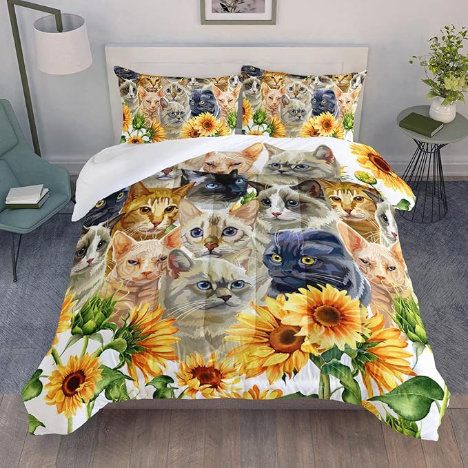 AILONEN Watercolor Cat Print Bedding Set Full Size with Sunflowers Comforter Set for Kids Boys Girls,Group of Cute Cats Soft Breathable White Tint Duvet Set 3 Pieces, 1 Quilt and 2 Pillowcases