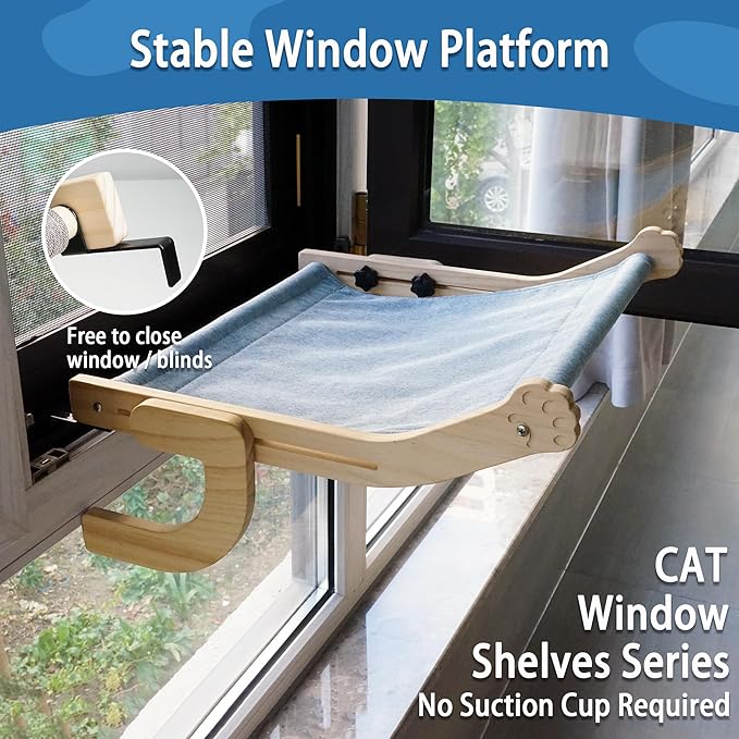 PETKARAY Cat Window Perch, Adjustable Cat Hammock for Windowsill, Indoor Window Shelves and Seat, Window Perch for Large Cats, Blue