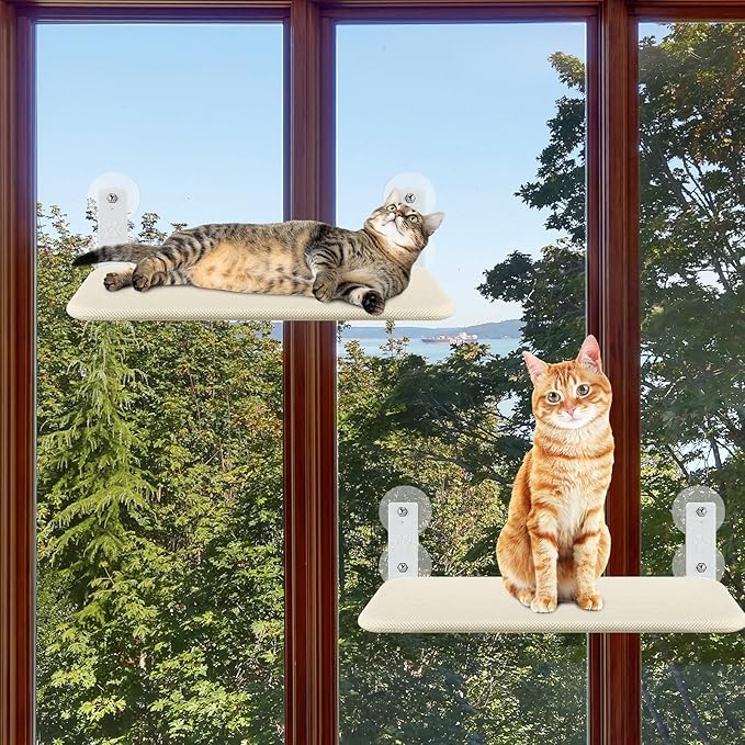 2 Pack Cat Window Perch Cordless Cat Window Hammock Foldable with 4 Suction Cups Solid Frame Breathable Mesh Cat Window Seat Cat Beds Foldable Lounger Kitten Shelf for Indoor Cats Rabbit