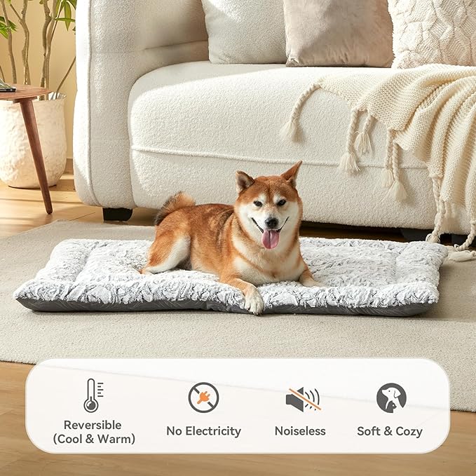 2 in 1 Dog Bed Crate Pad Mat Washable Reversible (Cool & Warm) Soft Fluffy Pet Kennel Beds for Large Medium Small Puppy Cat Sleeping Mattress Machine Wash Dog Cooling Mats (Grey, 29"*21"*1.5")
