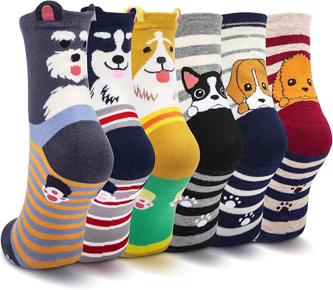 6 Pairs Women's Cute Cat Socks, Funny Novelty Animal Print Crew Cotton Socks Christmas Gifts for Women Girls