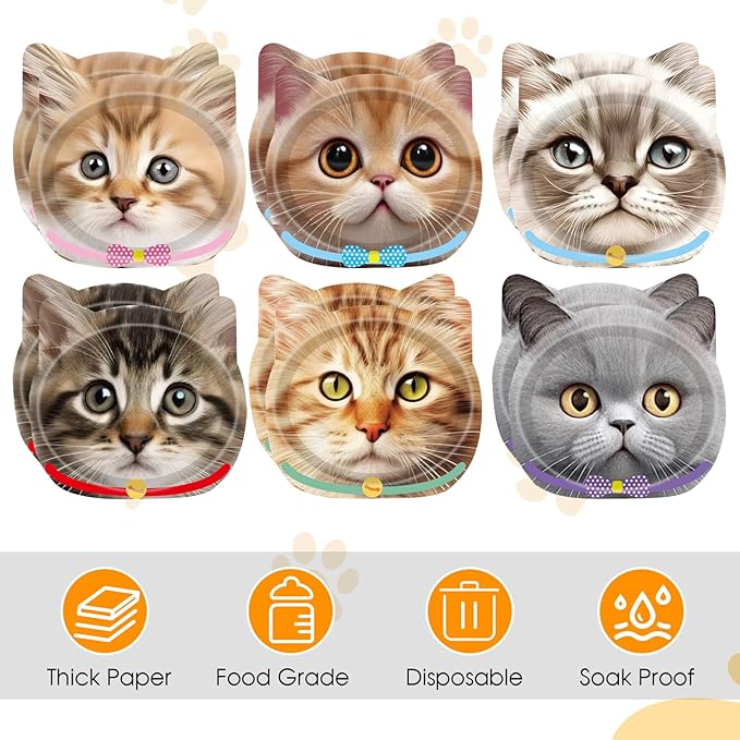 48 PCS Cat Birthday Party Decorations Cat Birthday Paper Plates Cat Theme Disposable Pet Party Plates for Kids Baby Shower Cat Party Supplies Serves 48