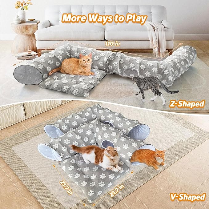 110" Cat Tunnel Bed for Indoor Cats, Foldable Large Peekaboo Cat Cave Donut with 4 Toys Balls and 4 Caves Holes for Kittens, Rabbits, Ferret Tunnel and Tubes