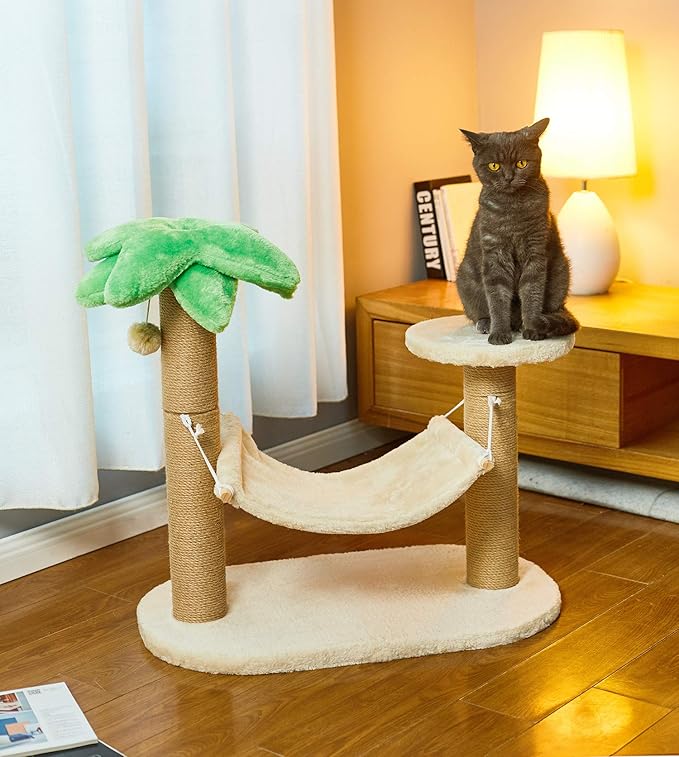 LUCKITTY Small Cat Scratching Posts Kitty Coconut Palm Tree-Cat Scratch Post for Cats and Kittens - Natural Jute Sisal Scratch Pole Cat Scratcher (Post &Hammock)