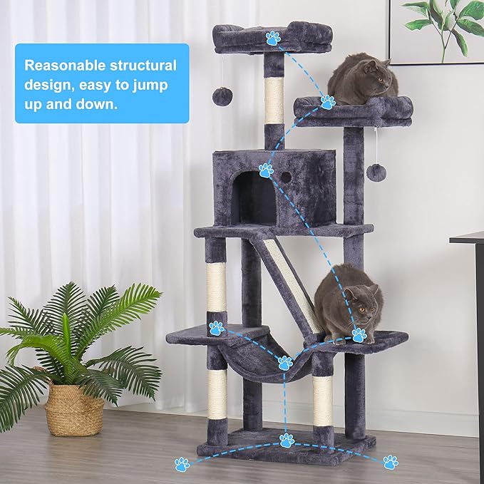 Hey-brother Cat Tree Tower, 57" Cat Tower with Scratching Posts, Multi-Level with hammocks, Toys, cat condo and Scratching Board, Smoky Gray MPJ028G