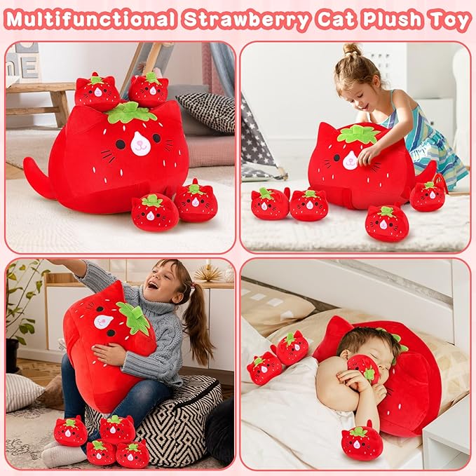5 PCS Strawberry Cat Plush Stuffed Animal Family-19" Soft Strawberry Cat Plush, Large Mommy Plushies with 4 Baby Kittens Plushies, Kawaii Plushie Toy Christmas Birthday Gifts for Kids Boys