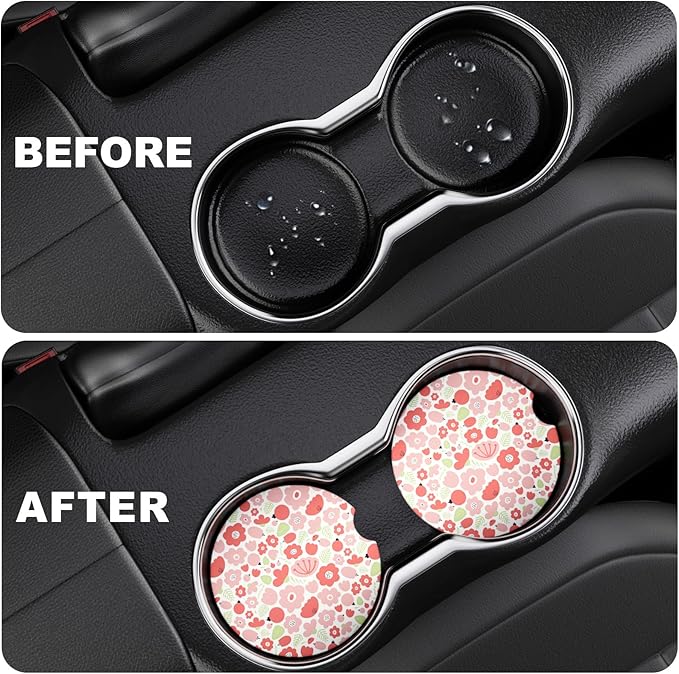 2 Pack Car Cup Holder Coaster, 2.63 inch Anti Slip Insert Absorbent Ceramic Coaster with Cork Base and Finger Notch, Cute Car Accessories Interior for Women