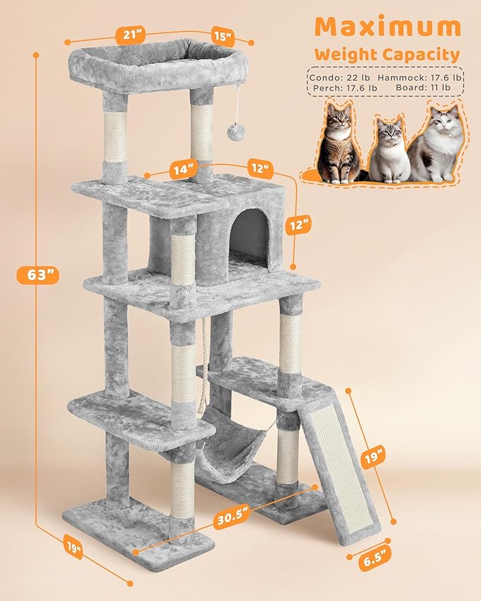 Yaheetech Cat Tree, Multi-Level Cat Tower for Indoor Cats, 63in, Condo Furniture with Scratching Posts, Large Top Perch, Hammock, Tall Cat Climbing Stand for Cat Play