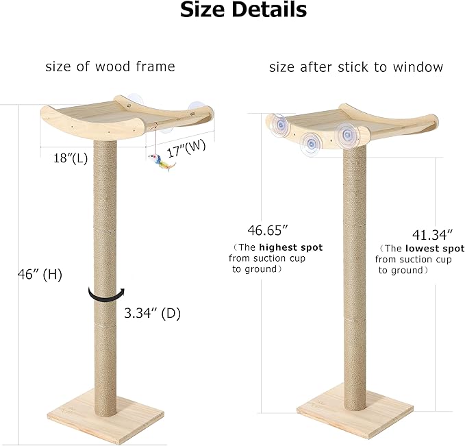 Window Cat Perch with Scratching Posts, 46" Wood Tree Bed for Large Inside Cats Climbing, Perching and Lounging, Mounted with 3 Strong Suction Cups (Wood Platform)