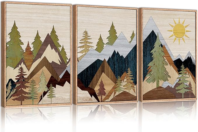 Ausril Mountain Pine Tree Framed Canvas Wall Art Set, Nature Wilderness Illustration Wall Decor, Woodcut Forest Wall Painting, Mid Century Modern Art Print for Living Room Bedroom Office 16"x24"x3