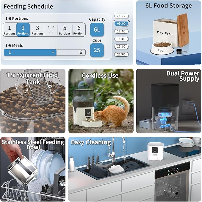 Automatic Cat Feeders with 6L Large Capacity Food Storage: Timed Pet Feeders with Programmable Feeding Schedule, Detachable for Easy Clean, Up to 36 Portions Per Day for Large Dog (25 Cup)