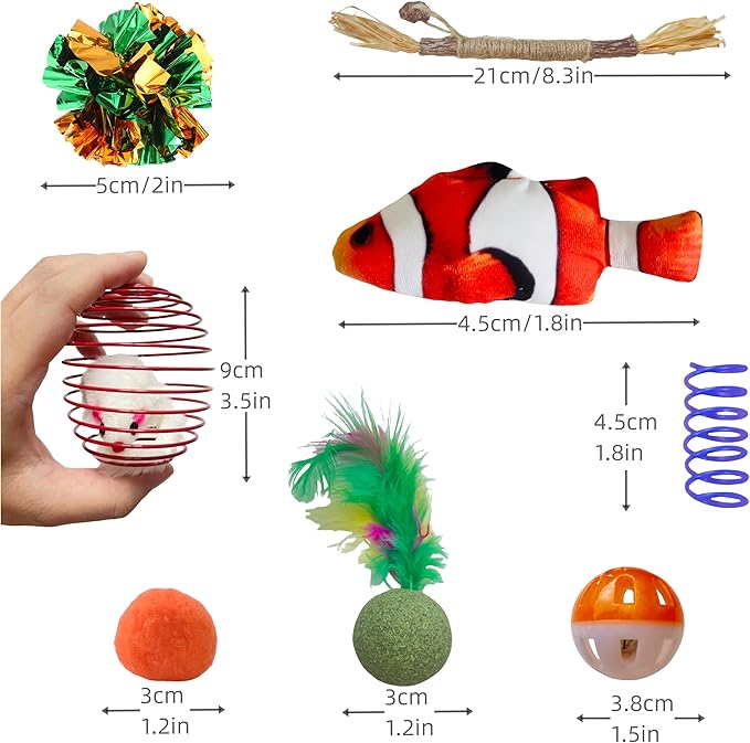 38Pcs Cat Toys,Plastic Springs,Catnip Fish,Plush Balls,Bell Balls,Mice cage Balls,Crinkle Balls,Catnip Balls,Silvervine and Mice Cat Toys,Bite,Hunt,Indoor Cat Toys