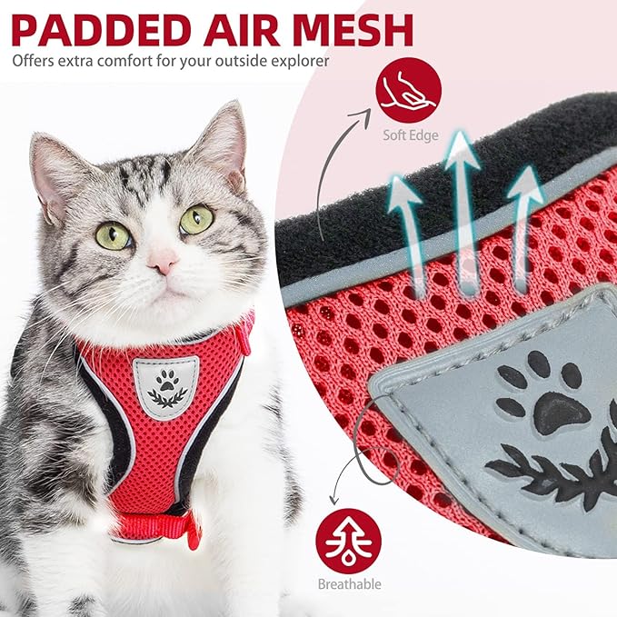 PUPTECK Cat Harness and Leash Set Escape Proof Reflective Cat Walking Harness Adjustable Soft Breathable Mesh Vest for Small Pets, Red, M