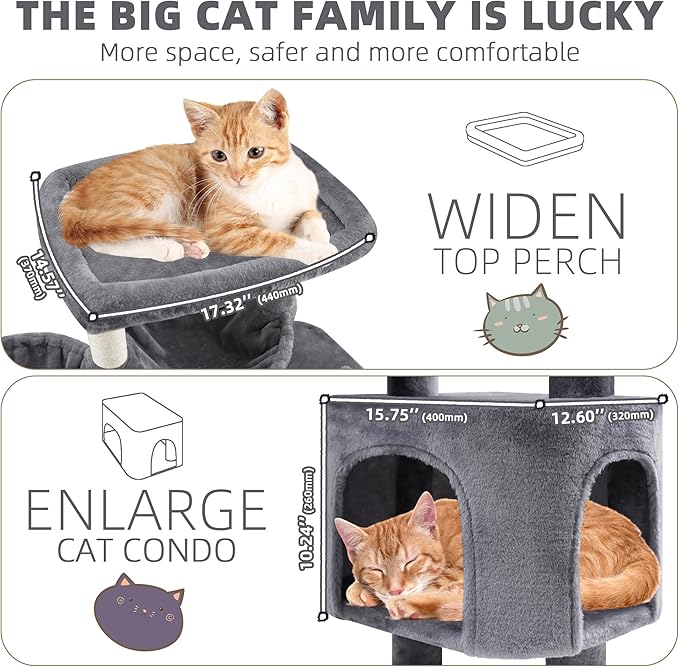 YOUPET 33.46" Cat Tree Tower with Cat Condo and Scratching Post for Indoor Cats, Activity Center Cat Furniture with Two Big Hammock and Spring Toy Balls, Grey