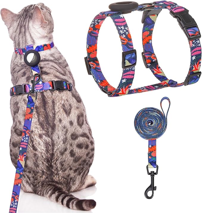 SCENEREAL Cat Harness and Leash Set Escape Proof with Airtag Holder, Reflective Pet Harnesses for Walking, Adjustable Kitty Vest Soft Harness Outdoor Indoor, Cute Travel Boys Girls Small Large Cats