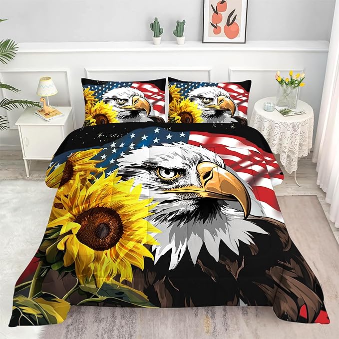American Flag Comforter Full: Bald Eagle Bedding Set Sunflower USA Flag Quilt for Kids Teens Boys Adults Men US Stars Stripes Eagle Bed Sets 1 Comforter & 2 Pillowcases