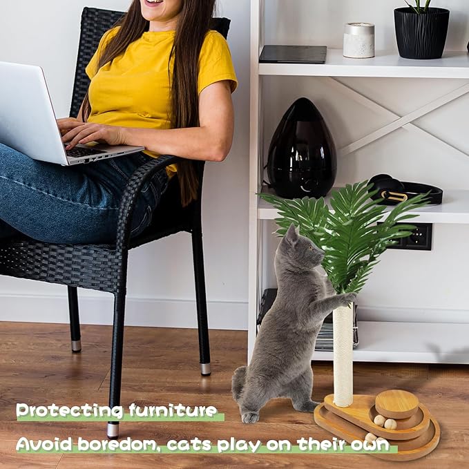 TONY HOBY Cat Scratching Post, Sisal Scratching Pole with Leaves, Interactive Cat Toy for Small Medium Cats (23.6 in, White)