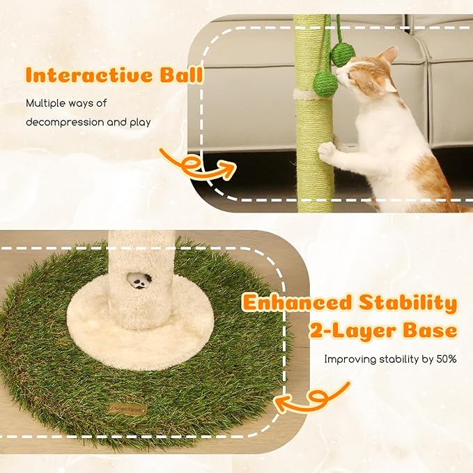 Cat Scratching Posts Cat Trees 35.43" Tall with Sisal Rope Cat Toy and Hanging Ball for Indoor,Wooden Palm Tree Cat Scratch Pole for All Cat (LightGreen)