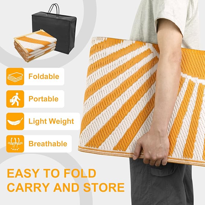 Anidaroel Outdoor Area Rugs 9x12ft Waterproof Clearance, Reversible Camping Rugs for Outside RV, Outdoor Plastic Straw Patio Rugs for Camping, Trailer, Backyard, Pool Deck, Picnic(Orange,9‘x12')