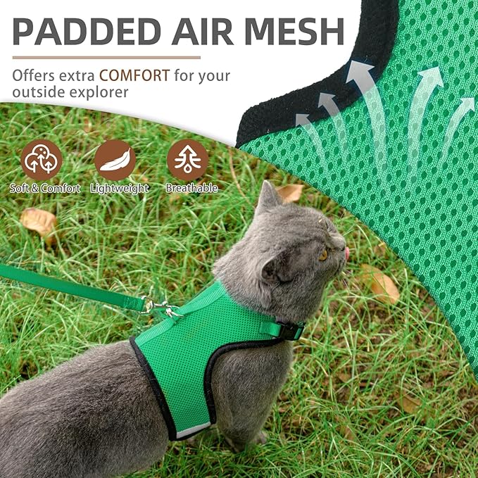 PUPTECK Soft Mesh Cat Vest Harness and Leash Set Puppy Padded Pet Harnesses Escape Proof for Cats Small Dogs Rabbits Bunny, Deep Green Medium