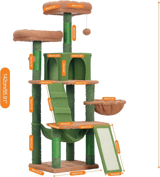 Heybly Cat Tree, Cactus Cat Tower for Indoor Cats,Multi-Level Cat Furniture Condo for Cats with Padded Plush Perch, Cozy Basket and Scratching Board HCT014CA