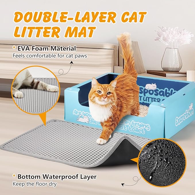 30x24 Inch Cat Litter Mat Double Layer Non-Slip Odor-Free Litter Box Mat,Waterproof and Urine Proof Litter Mat,Scatter Control, Less Waste,Easier to Clean(Gray)