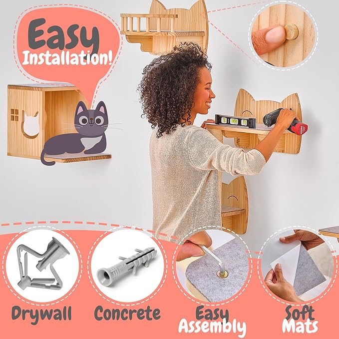 IDAE Cat Wall Shelves Set of 9, Cat Wall Furniture for Large Cats - Modern Cat Shelves and Perches, Wall Mounted Cat Climber with House, Steps, Scratcher - Natural Wood Climbing Shelf for Indoor Cats