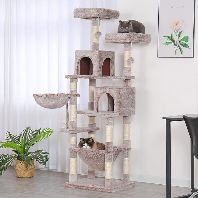 Heybly Cat Tree, 70 inches Tall Cat Tower condo with Toy for Indoor Large Cats, Cat House Furniture with Padded Plush Perch, Cozy Hammock and Sisal Scratching Posts,Muchroom HCT032MU
