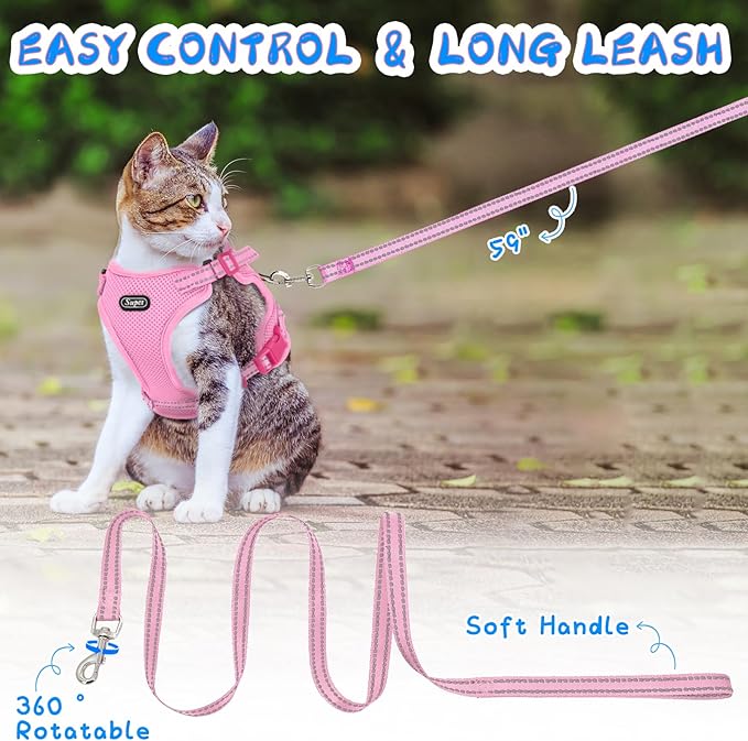 Supet Cat Harness and Leash for Walking Escape Proof, Adjustable Harness for Cats, Easy Control Small Cat Harness for Medium Large Kitten Pink