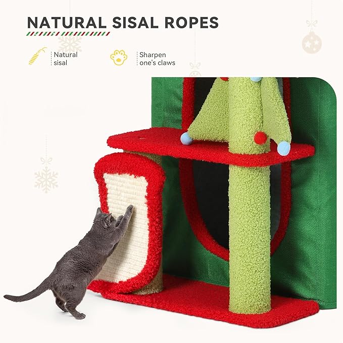 YITAHOME Christmas 3-Tier Cat House, Indoor Cat Cave Bed Playhouse, Covered Cat Beds & Furniture with Scratch Pad and Hideaway Cave,Christmas Cute Modern Cat Condo Furniture for Multi Small Cats