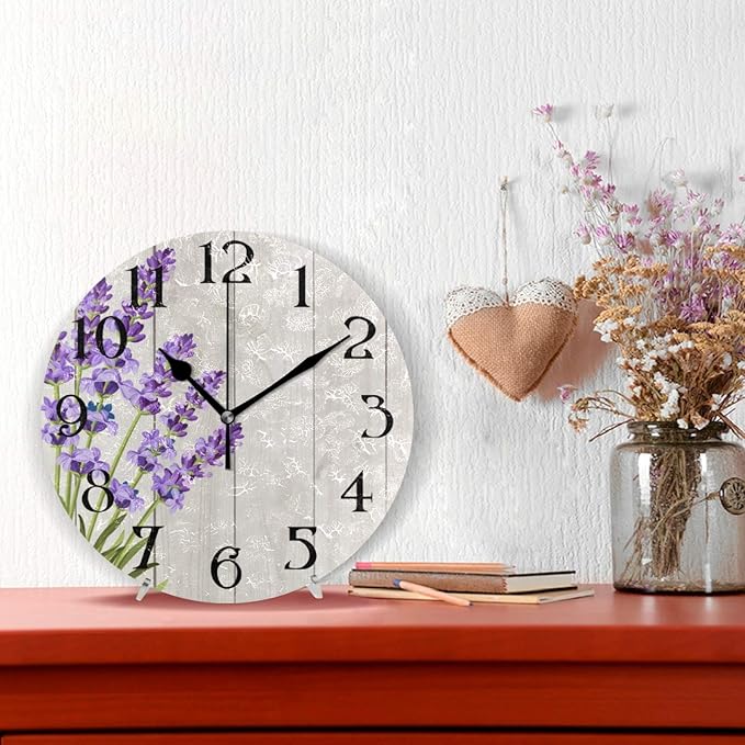 ALAZA Purple Clock Lavender Kitchen Clock Purple Flower Clock Sage Wooden Blue Wall Clock 9.5 Inch Battery Operated Non Ticking Silent Clocks Lavender Bathroom Wall Art Decorative