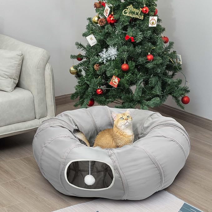 AUOON Cat Tunnel Bed with Central Mat,Big Tube Playground Toys,Soft Plush Material,Full Moon Shape for Kitten,Cat,Puppy,Rabbit,Ferret (Light Grey)
