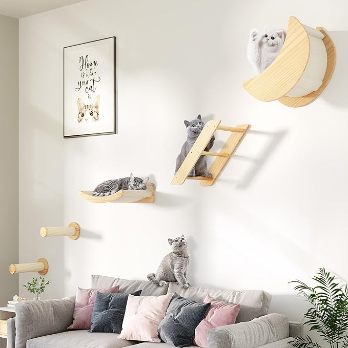 DWVO Cat Wall Shelves and Perches for Wall, Solid Wood Wall Mounted Cat Furniture, Set of 5 Cat Climbing Shelves with Moon Cat House, Cat Bridge Ladder, Cat Hammock and Cat Scratching Post
