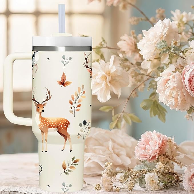 AMZUShome 40 OZ Deer Tumbler with Handle. Deer Lover Gifts. Unique Birthday Christmas Gifts. 40 OZ Insulated Stainless Steel Tumbler with Lid and Handle for Women Men