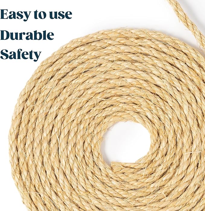 Natural Sisal Rope for Cat Scratcher 1/4 Inch by 200 Feet, Cat Tree Rope Twine for Cat Scratching Post Replacement, Cat Tower with Scratch Post Repairing, Replace, Recovering and DIY, Natural